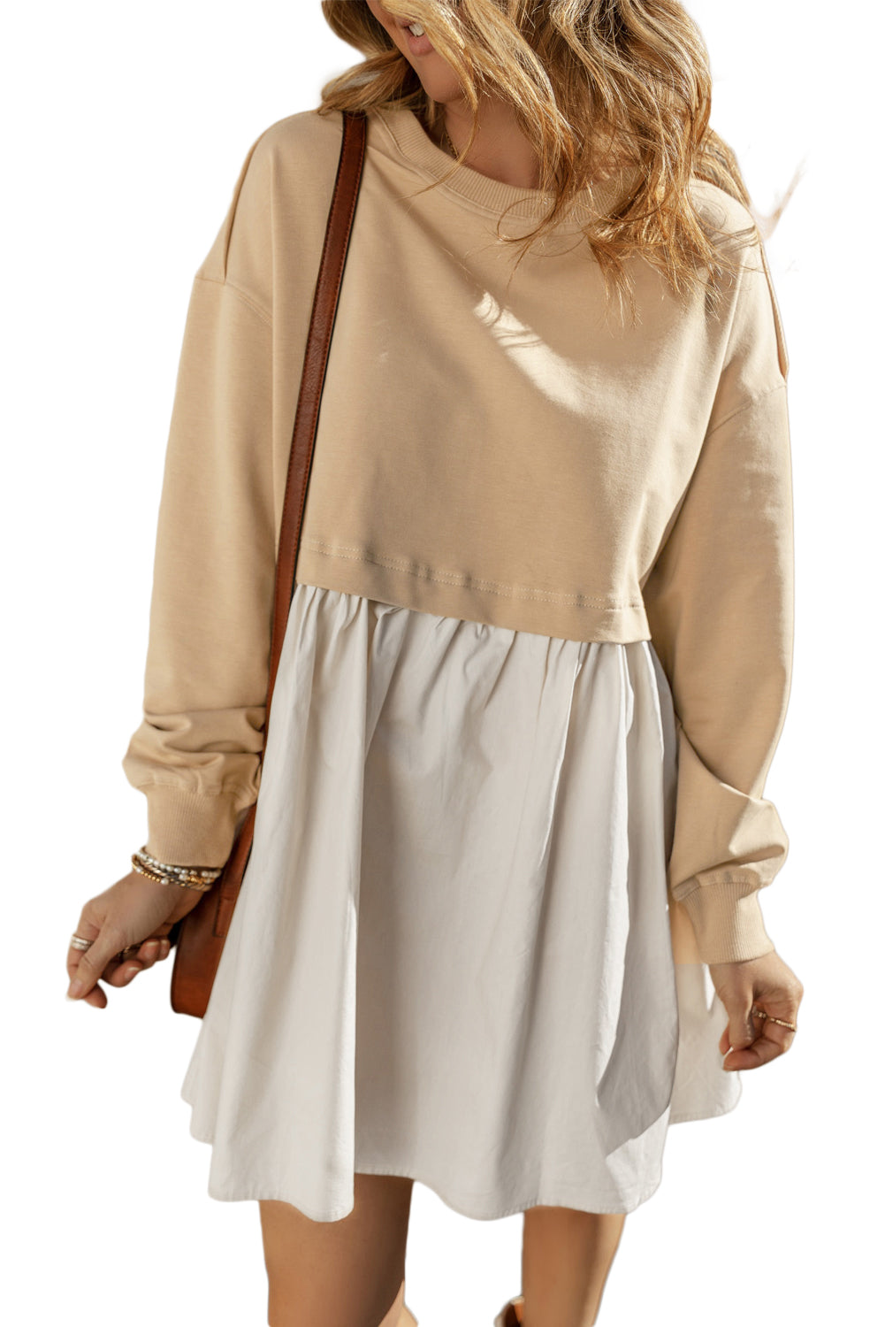 Pale Khaki Sweatshirt Poplin Mini Long Sleeve Dress