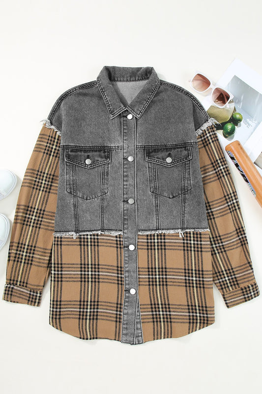 Plaid Raw Hem Button Up Denim shacket