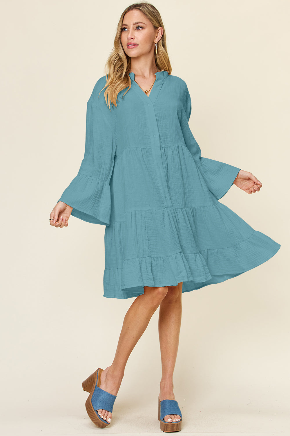 Texture Button Up Ruffle Hem Long Sleeve Dress