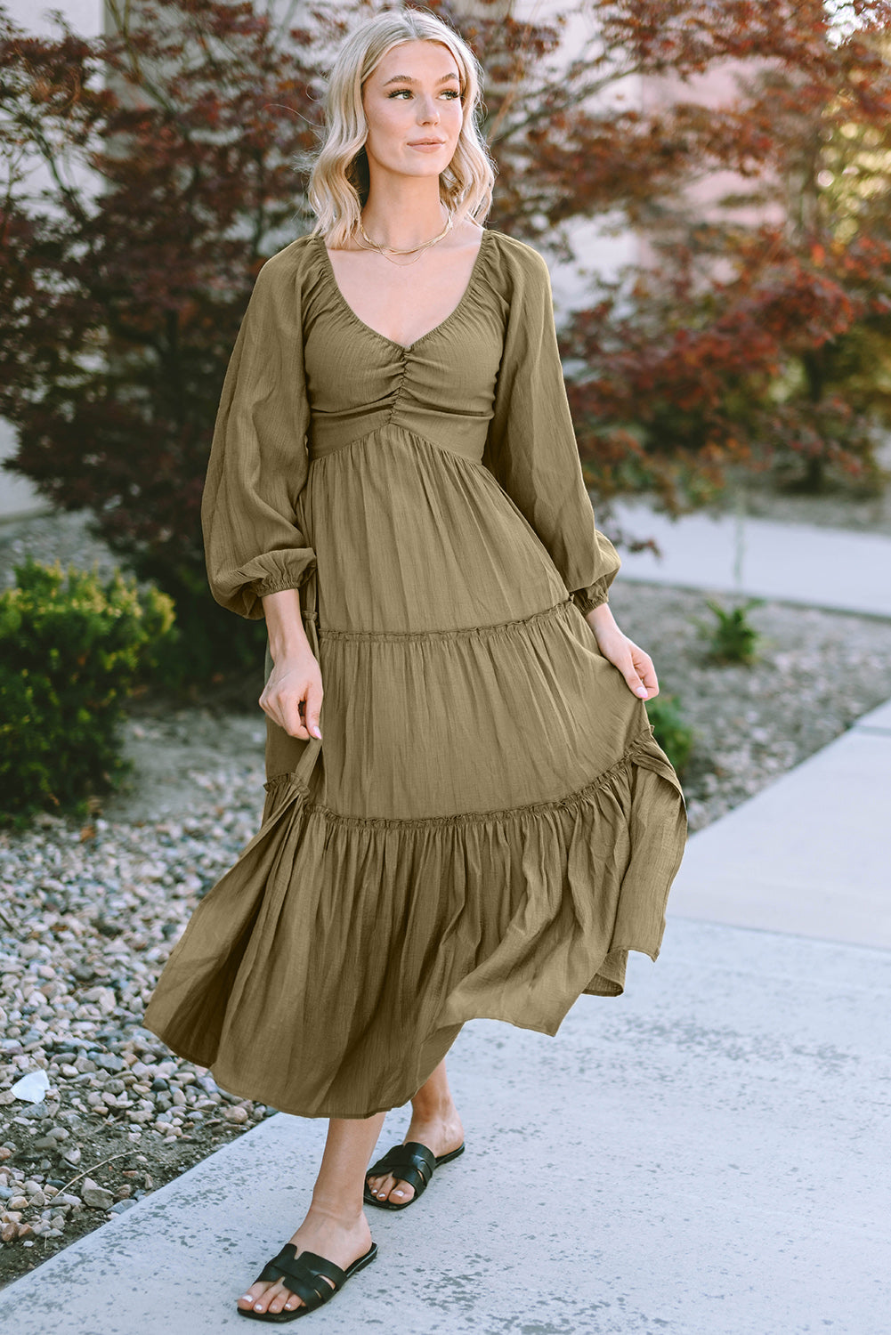 Ruched V-Neck Balloon Sleeve Tiered Long Sleeve Dress