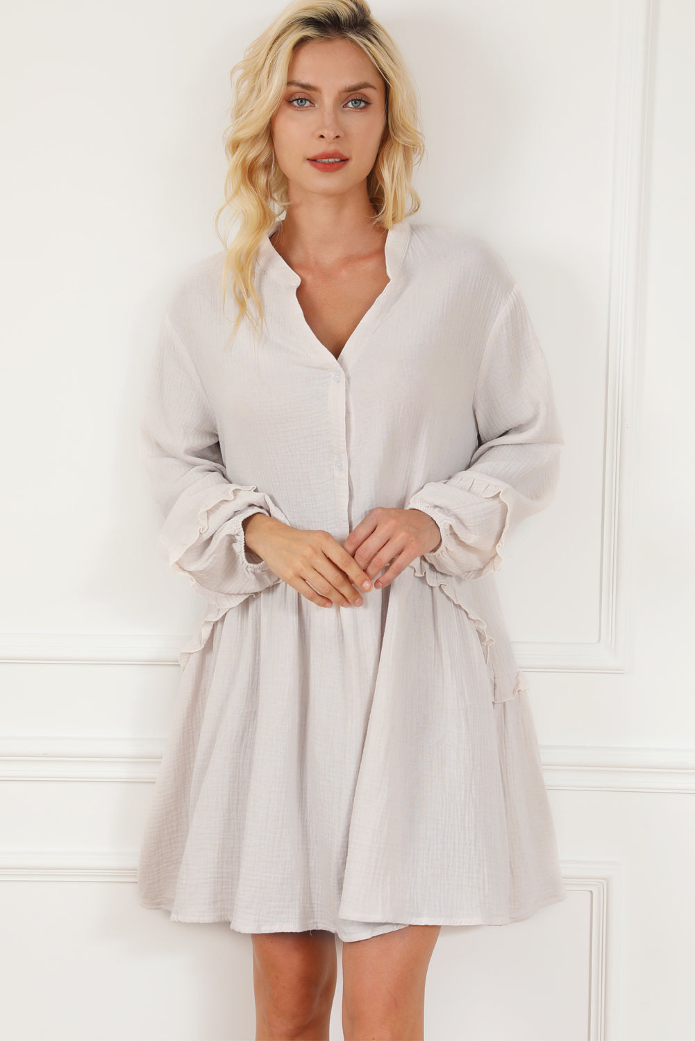 Apricot Frill Trim Half Buttoned Textured Long Sleeve Dress