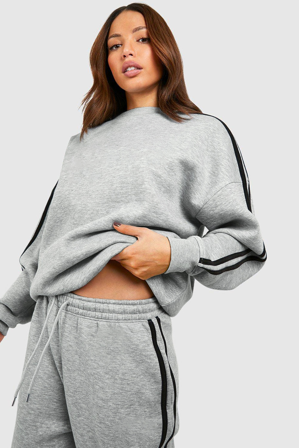 Light Grey Solid Color Side Striped Sweatshirt Active Sweatshirt Set