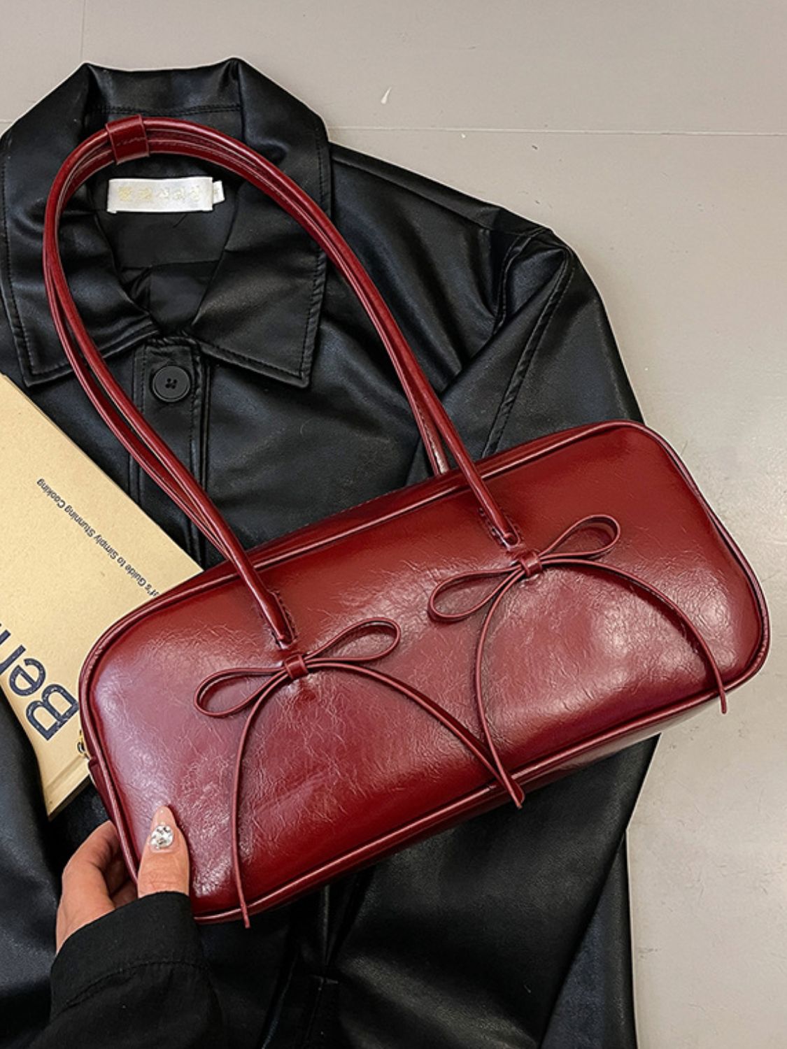 Leather Bow Trim Shoulder Bag