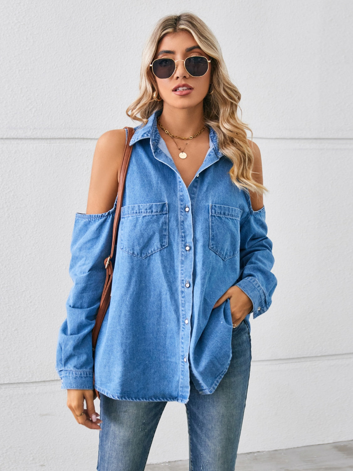 Cold Shoulder Pocketed Button Up Denim Shacket