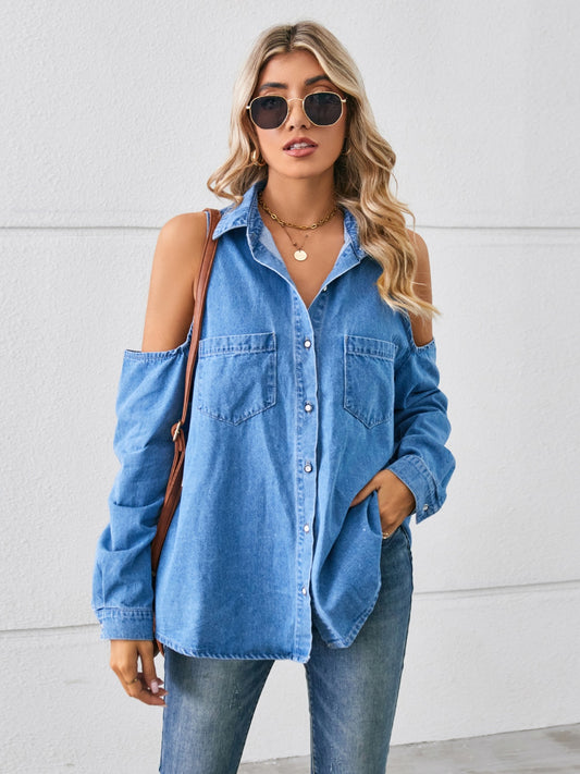 Cold Shoulder Pocketed Button Up Denim Shacket