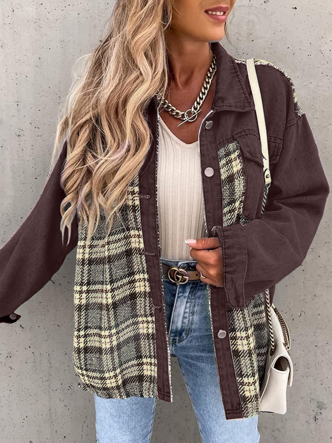 Plaid Button Up Dropped Shoulder Shacket