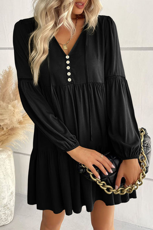 Black Puff Sleeve Buttoned Tiered Ruffled Mini Long Sleeve Dress