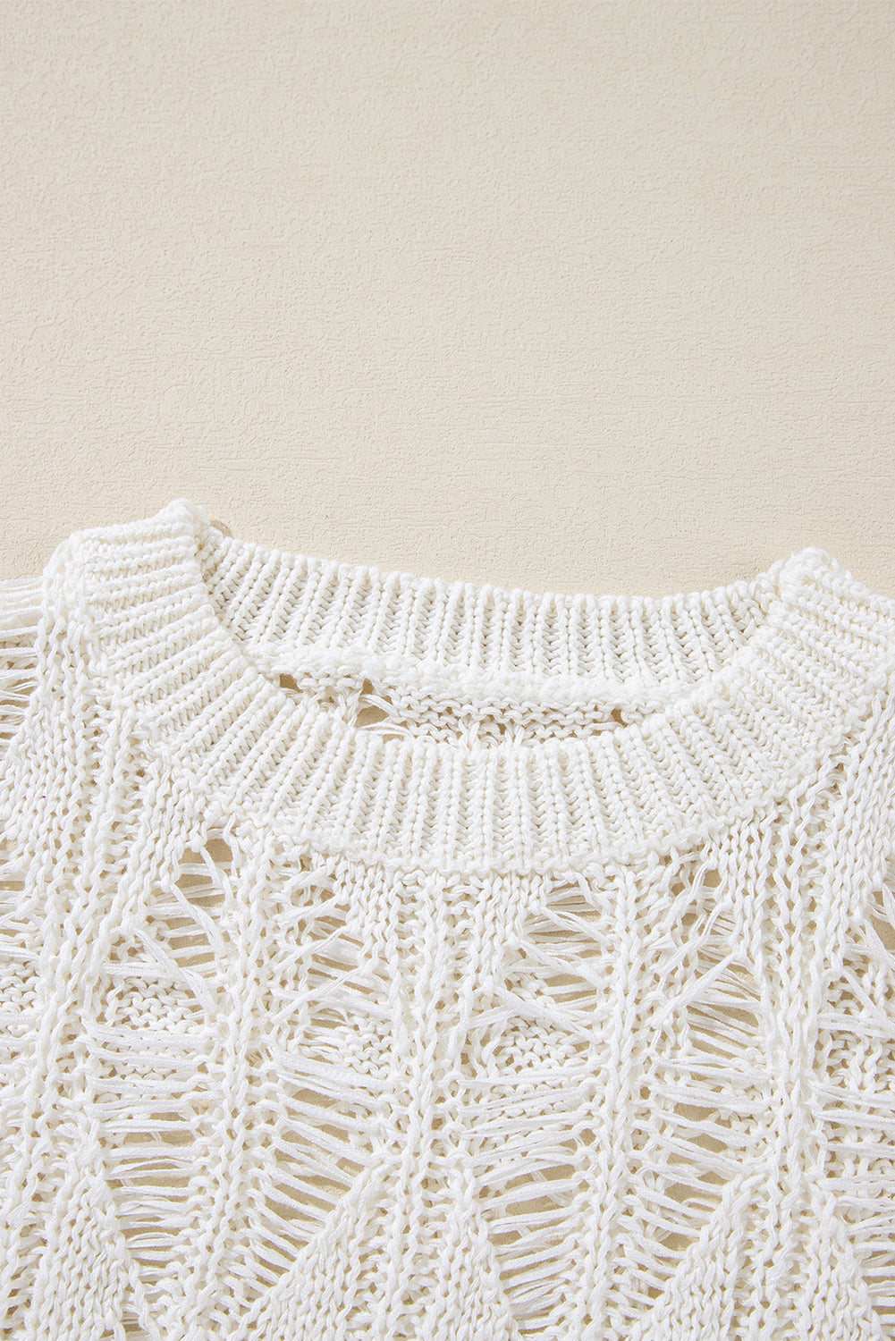 White Cut Out Crochet Crew Neck Loose Fit Sweater