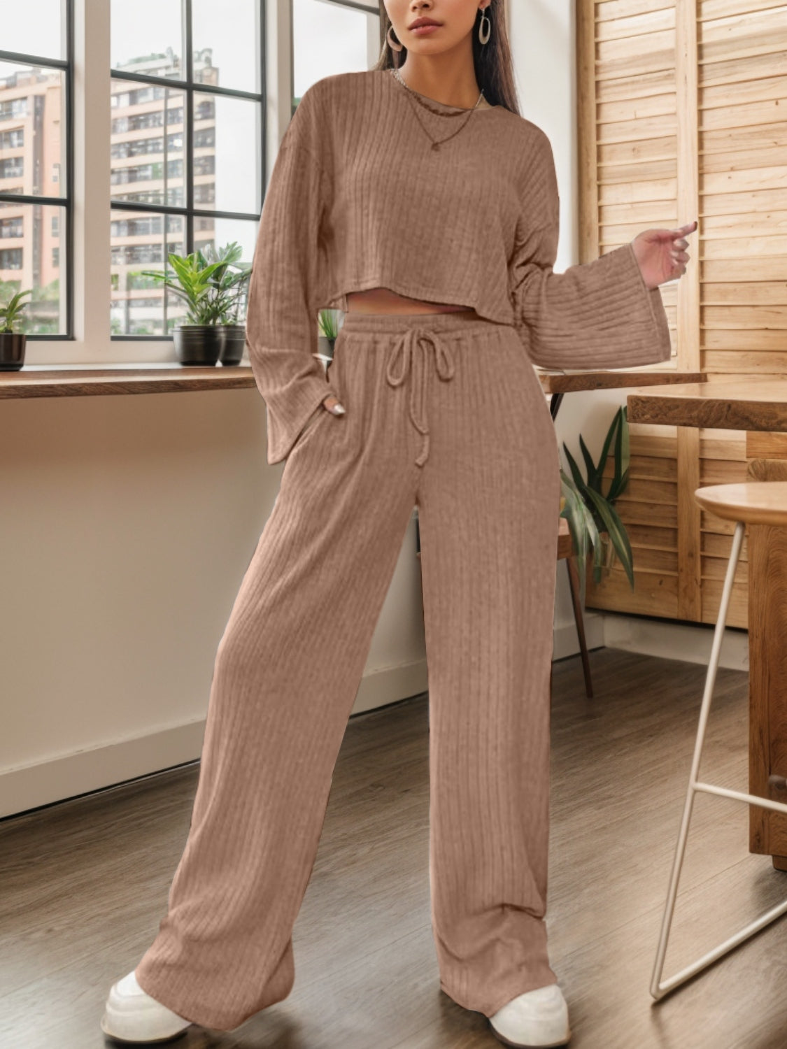 Ribbed Round Neck Top and Drawstring Pants Set