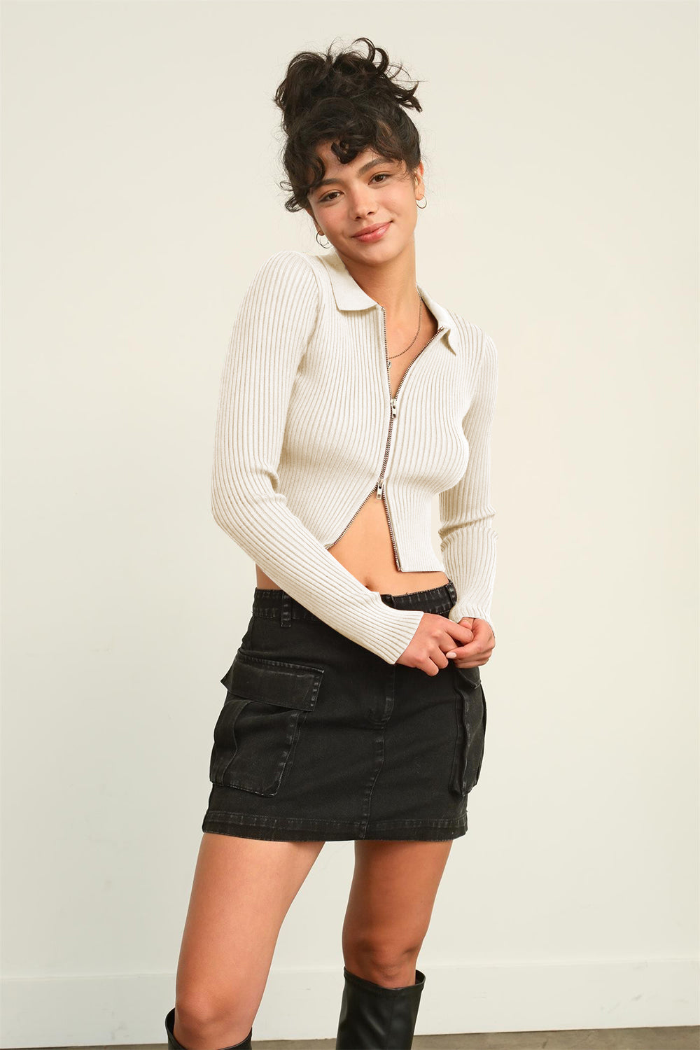 Ribbed Double Zip Cropped Cardigan Sweater