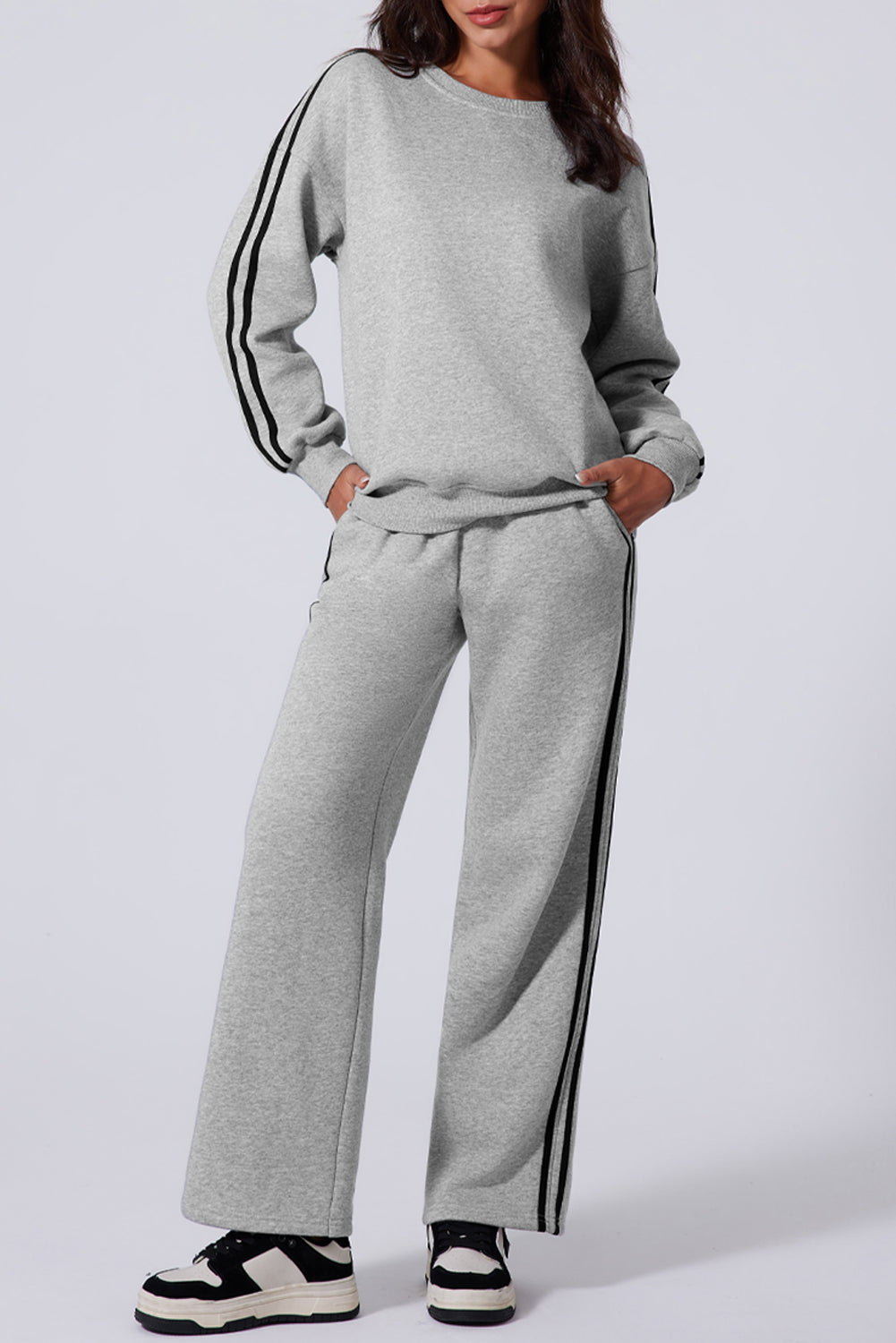 Light Grey Solid Color Side Striped Sweatshirt Active Sweatshirt Set