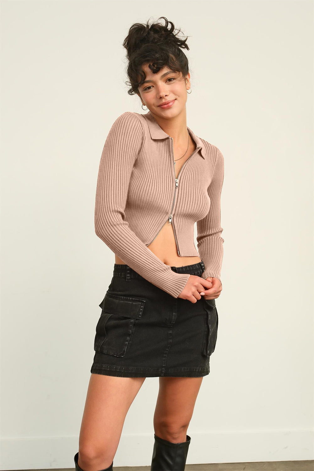 Ribbed Double Zip Cropped Cardigan Sweater