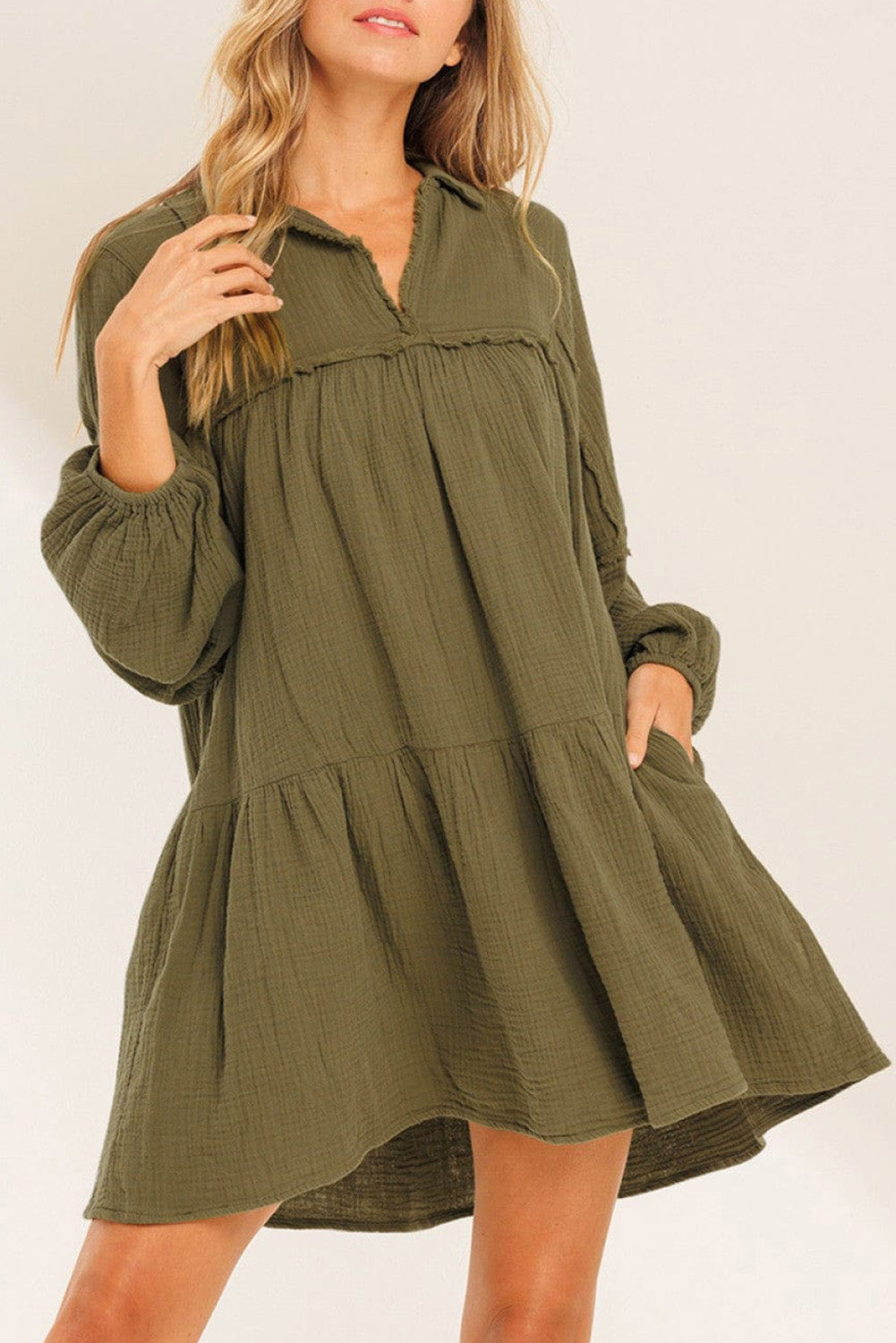 Green Frayed Trim Split Neck Puff Sleeve Flared Long Sleeve Dress