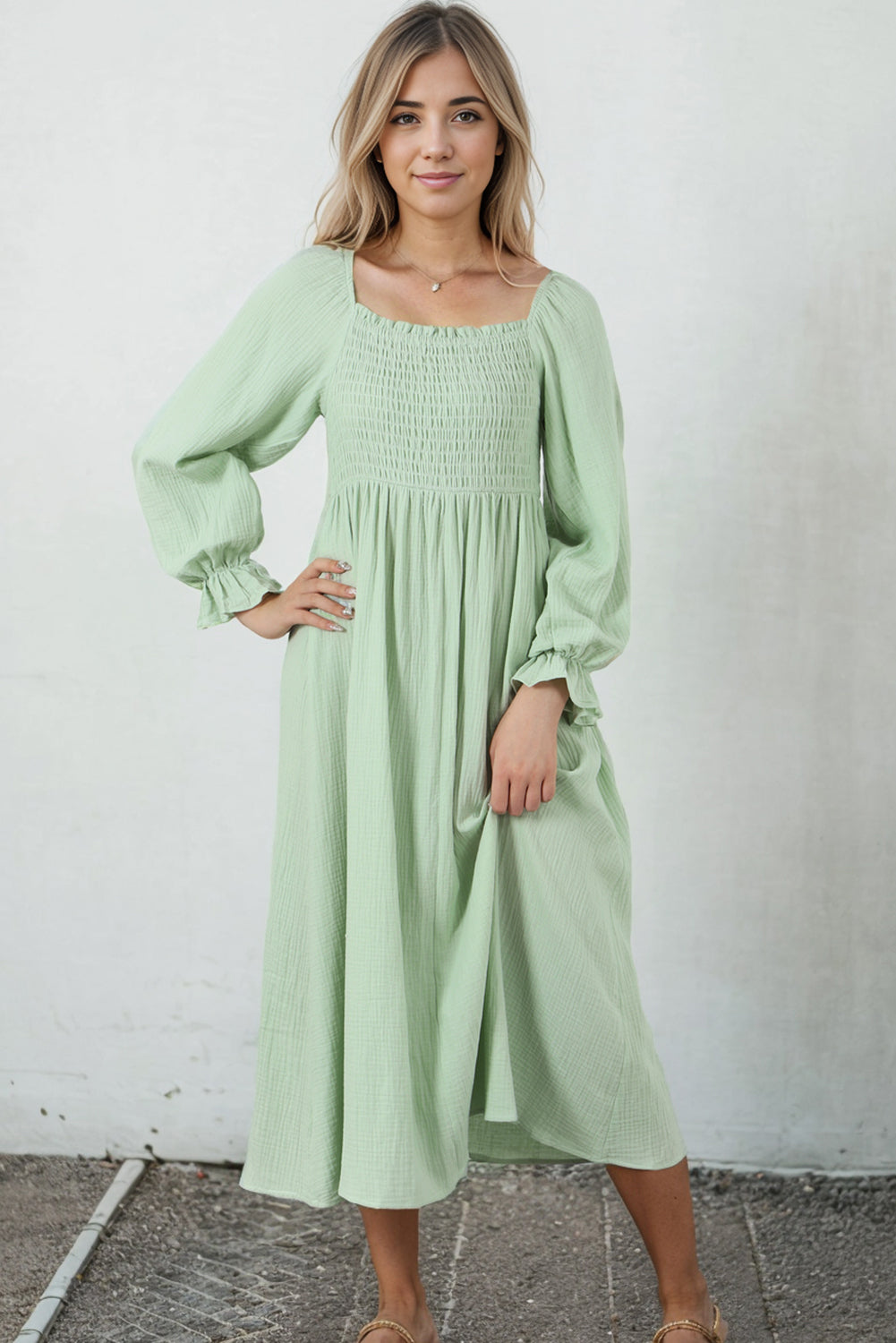 Green Smoked Flounce Long Sleeve Textured Empire Waist Maxi Dress