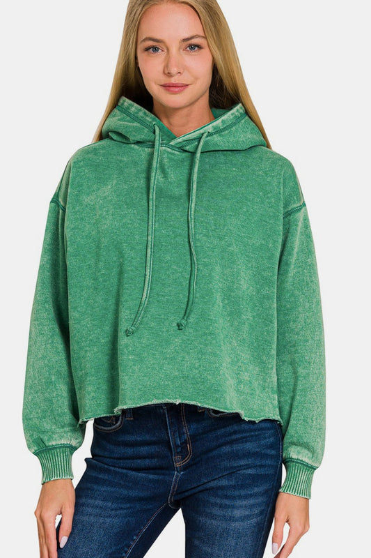 Green Acid Wash Fleece Cropped Hoodie