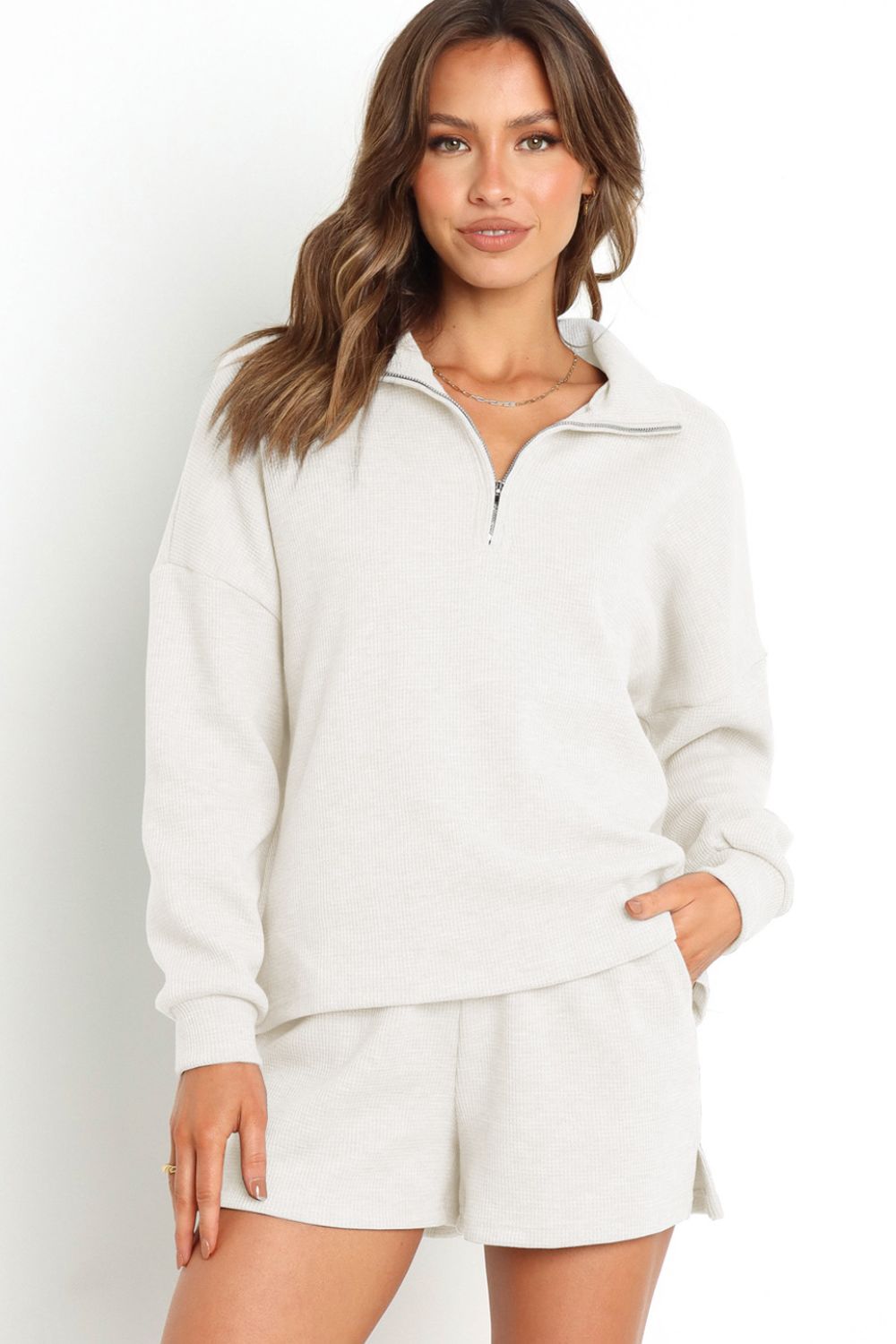 Collared Neck Zip-Up Top and Slit Shorts Sweatshirt Set