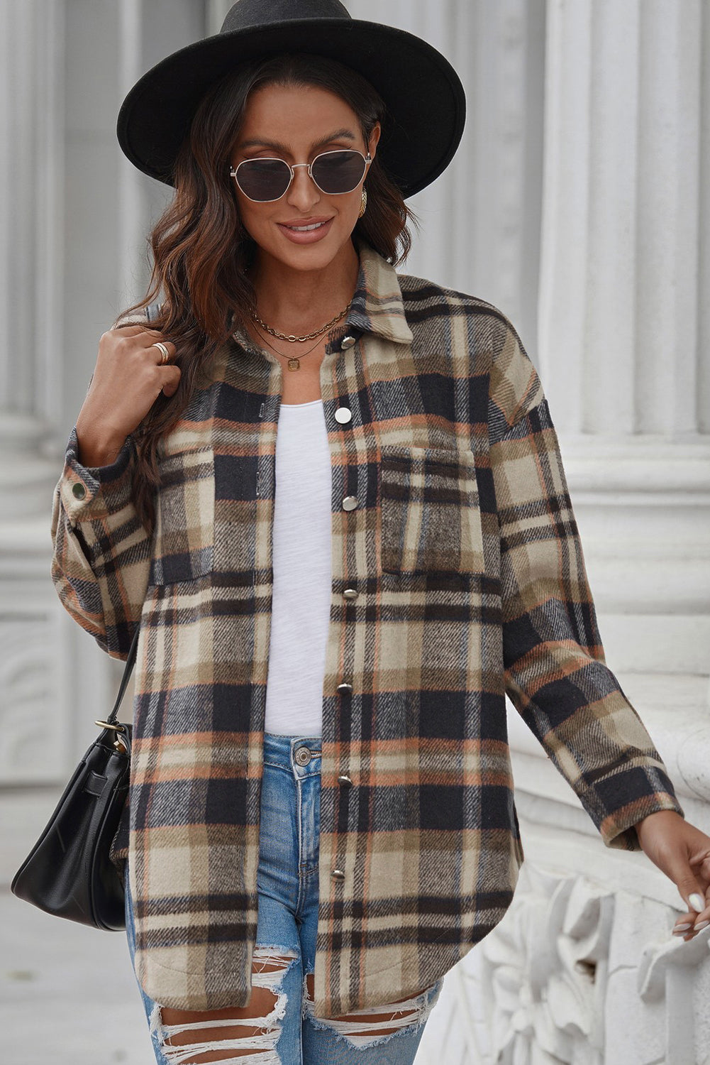 Plaid Curved Hem Dropped Shoulder Longline Shirt Shacket