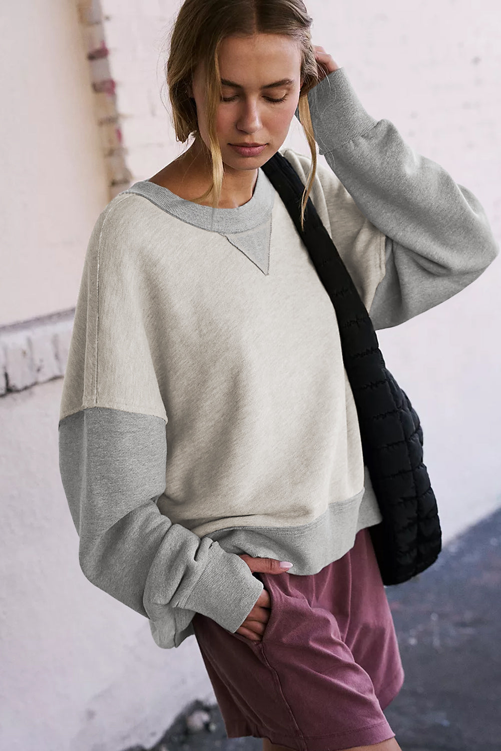 Light Grey Color Block Thumbhole Sleeve Drop Shoulder Sweatshirt