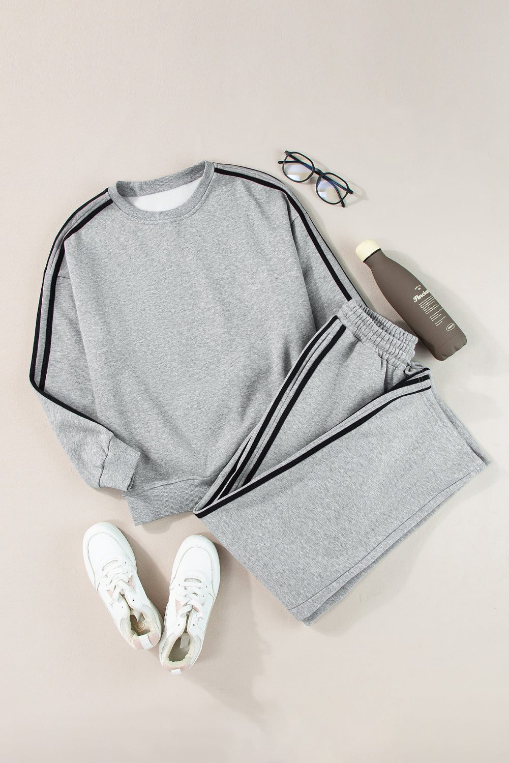 Light Grey Solid Color Side Striped Sweatshirt Active Sweatshirt Set