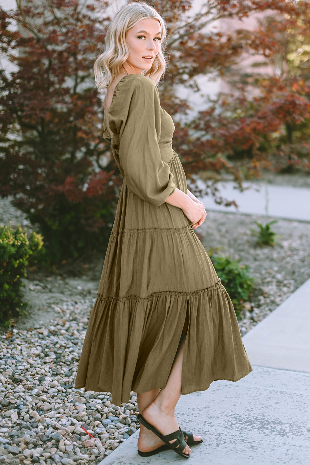 Ruched V-Neck Balloon Sleeve Tiered Long Sleeve Dress