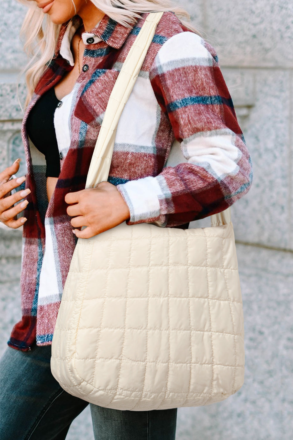 White Quilted Zipper Large Shoulder Bag