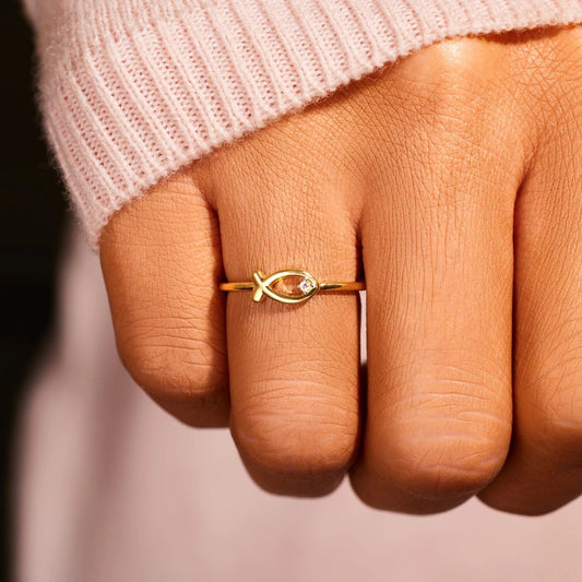 Gold-plated Sterling Silver Inlaid Zircon Fish Ring