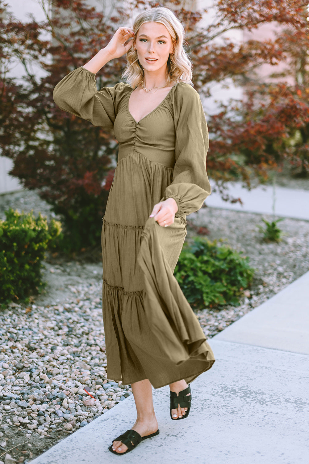 Ruched V-Neck Balloon Sleeve Tiered Long Sleeve Dress