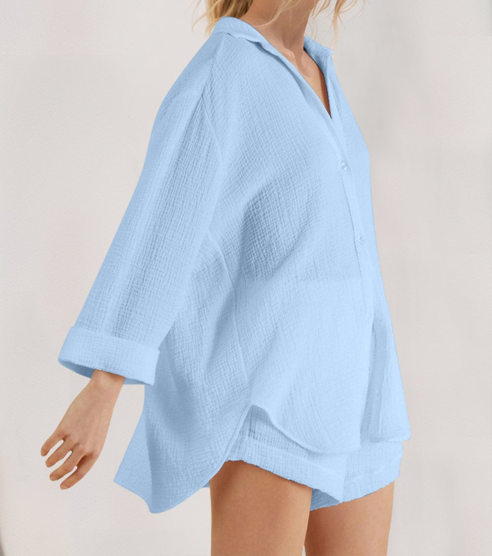 Breathable Button Down Long Sleeve Top and Shorts Set