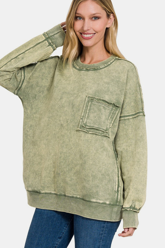 Exposed Seam Round Neck Dropped Shoulder Sweatshirt