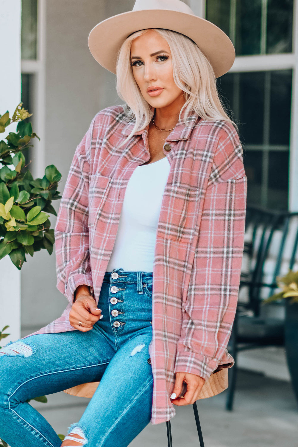 Plaid Curved Hem Dropped Shoulder Longline Shirt Shacket