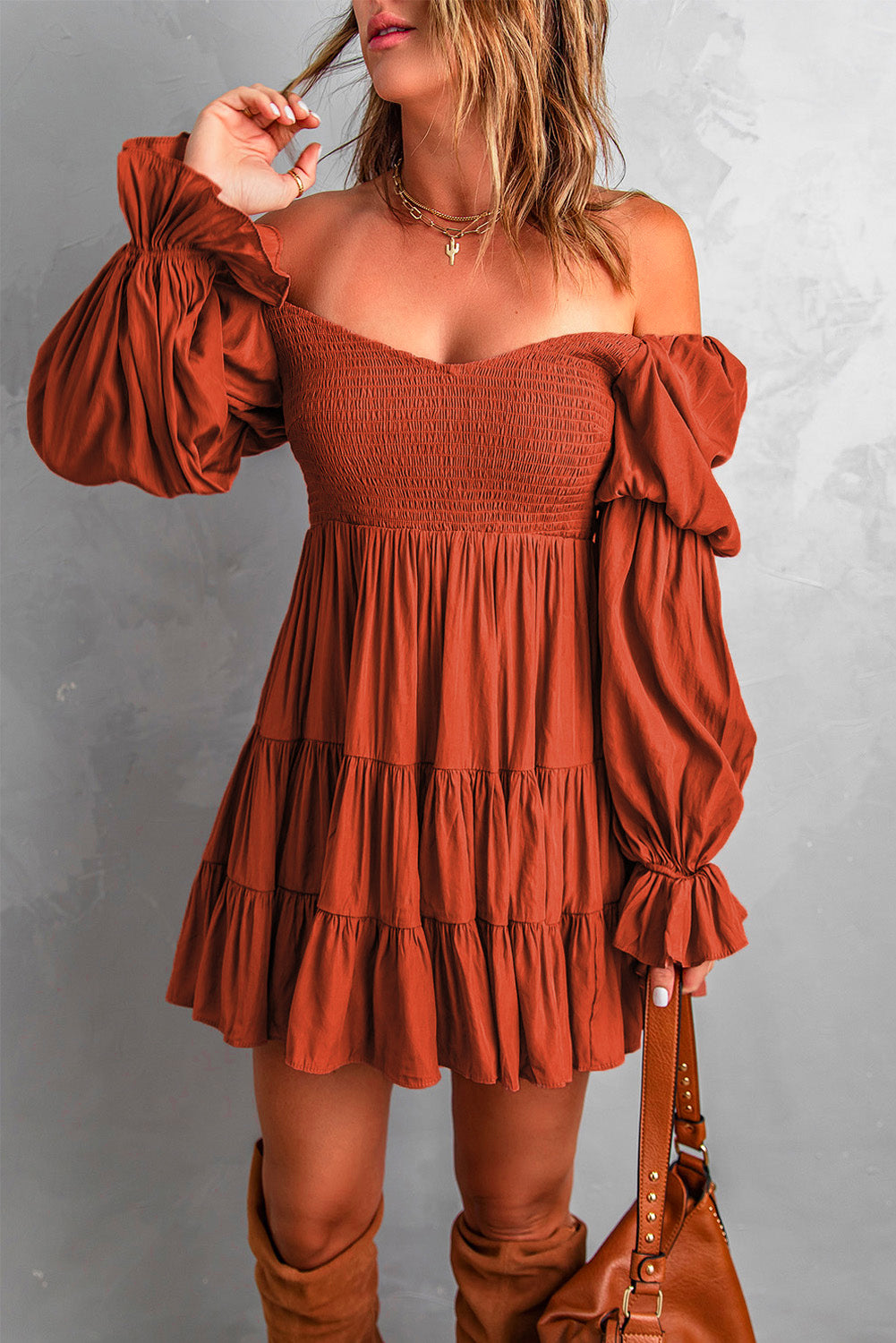 Brown Long Sleeve Off Shoulder Ruffle Mini Dress