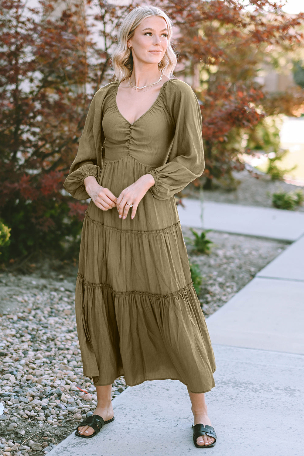 Ruched V-Neck Balloon Sleeve Tiered Long Sleeve Dress