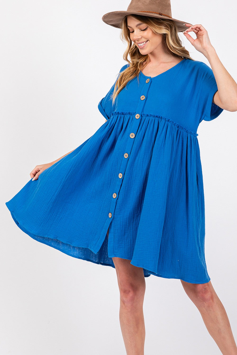 Cotton Button Up Short Sleeve Mini Dress