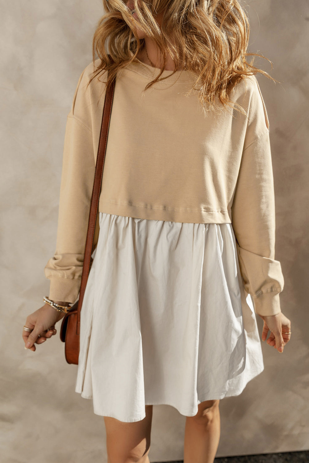 Pale Khaki Sweatshirt Poplin Mini Long Sleeve Dress