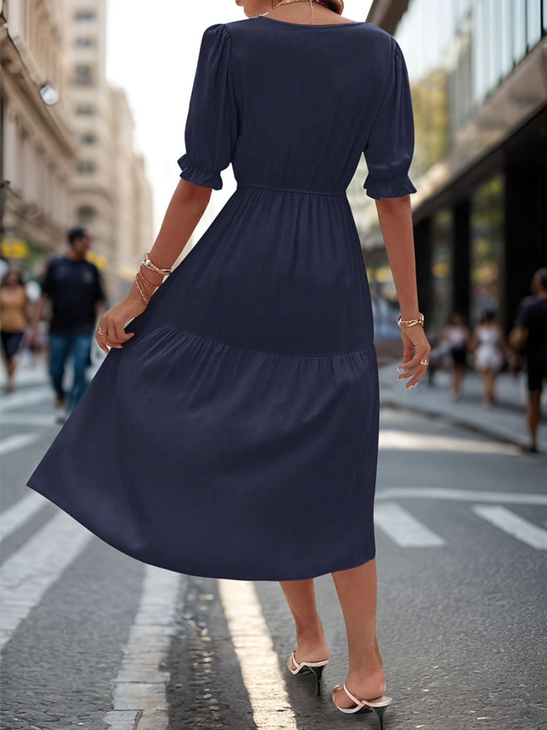 Ruched V-Neck Half Sleeve Midi Dress