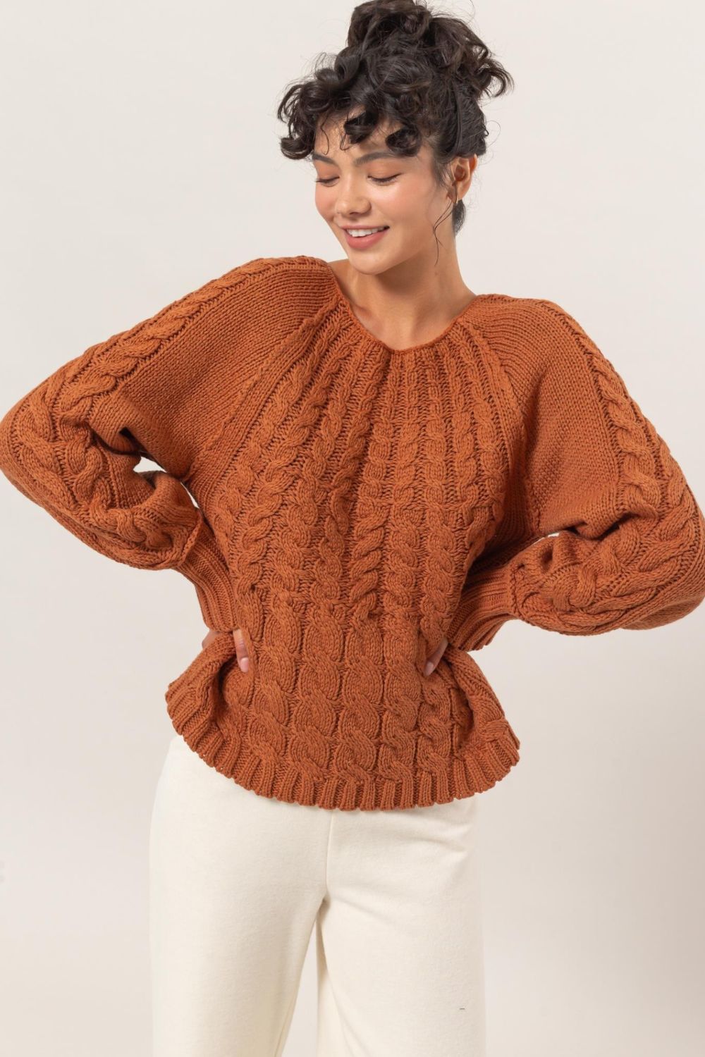 Cable-Knit Round Neck Raglan Sleeve Fall Sweater