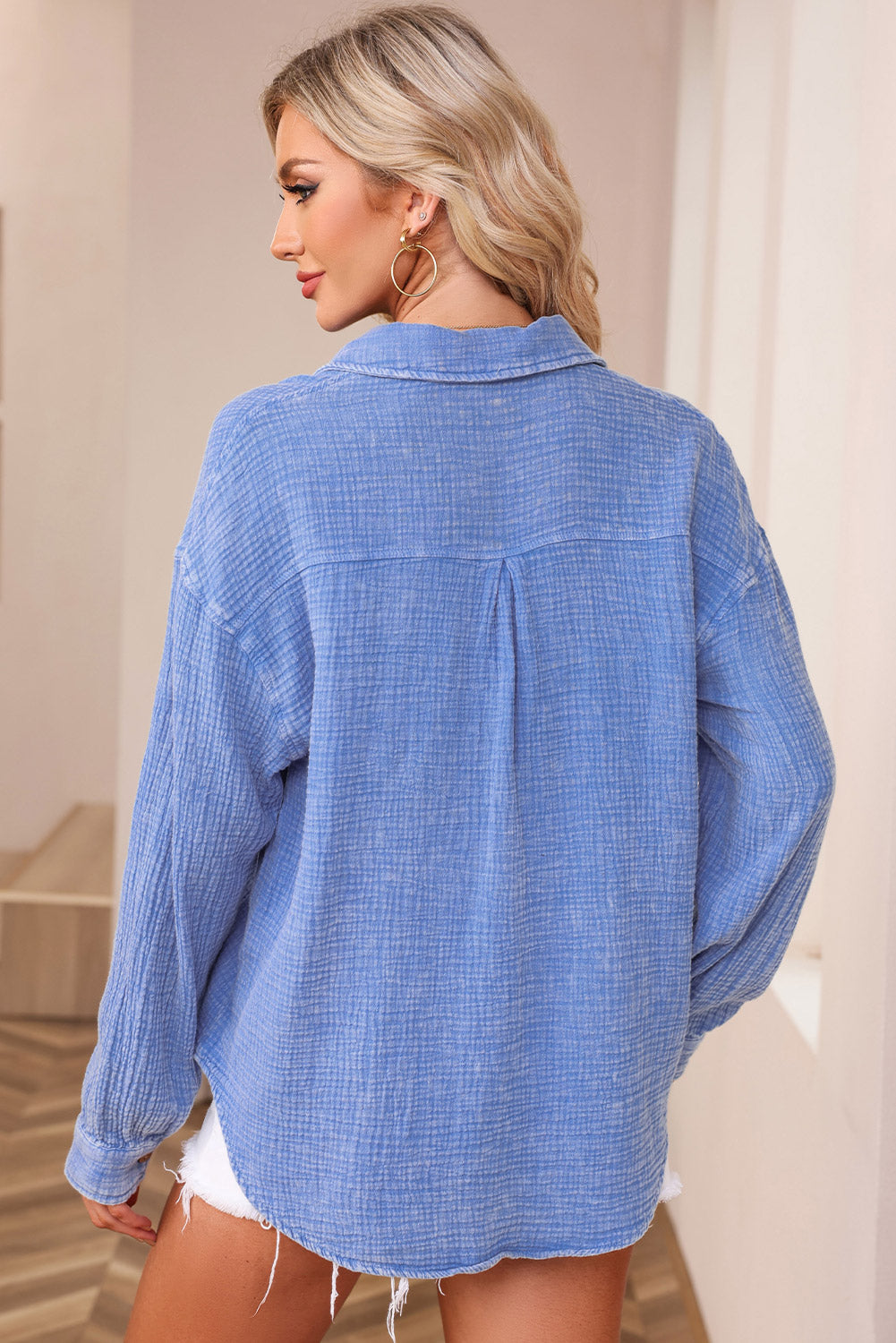 Sky Blue Mineral Wash Crinkle Textured Chest Pockets Shirt